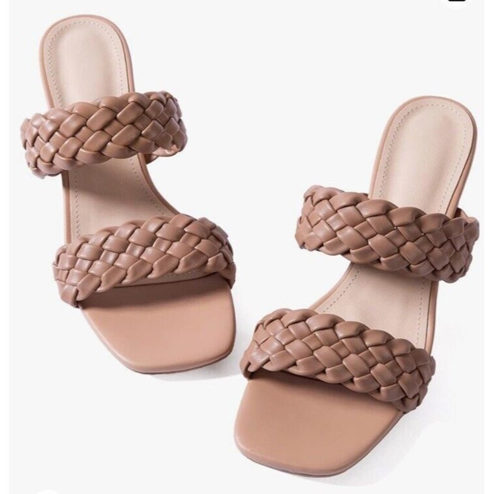 New Women Heels Sandals Woven Size 6.5 Braided Nude Square Toes - Picture 5 of 6